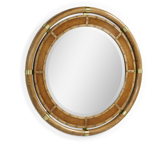 Circular Nautical Style Oak and Leather Mirror