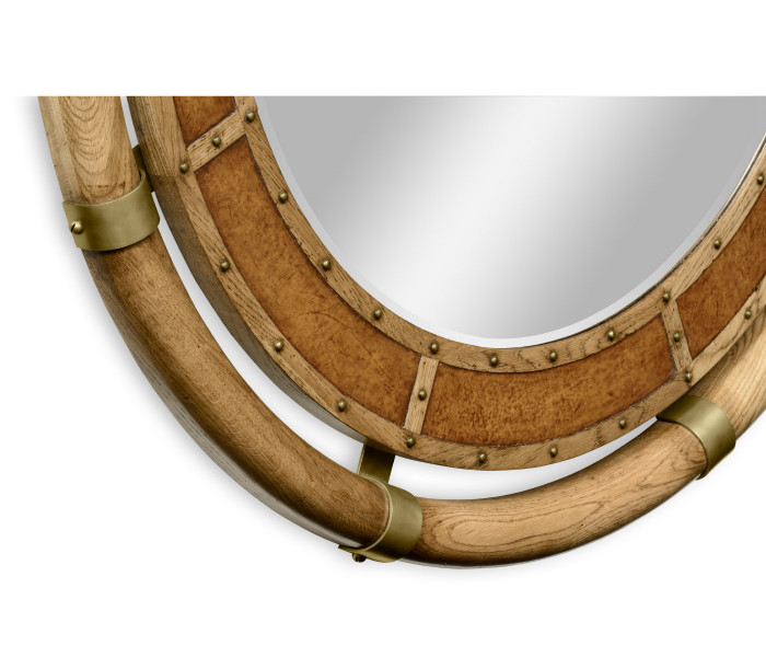 Circular Nautical Style Oak and Leather Mirror Circular Nautical Style Oak and Leather Mirror