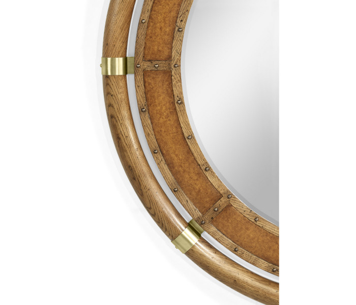 Circular Nautical Style Oak and Leather Mirror