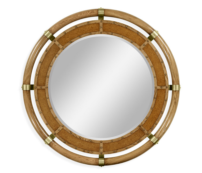 Circular Nautical Style Oak and Leather Mirror