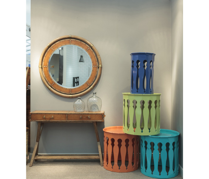 Circular Nautical Style Oak and Leather Mirror