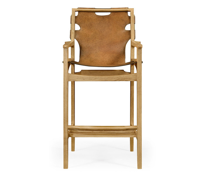 Midcentury Style Slung Leather & Light Oak Bar Stool