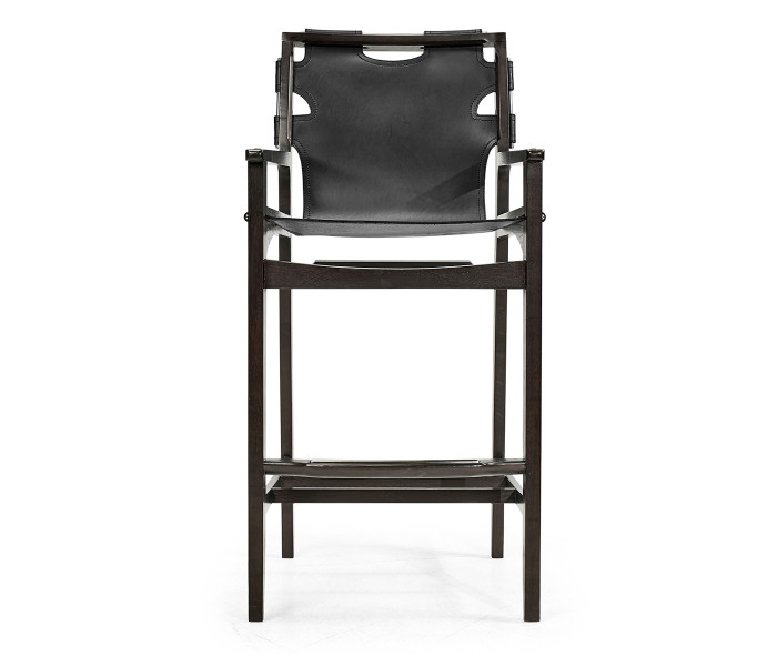 Midcentury Style Slung Black Leather & Black Mocha Oak Bar Stool