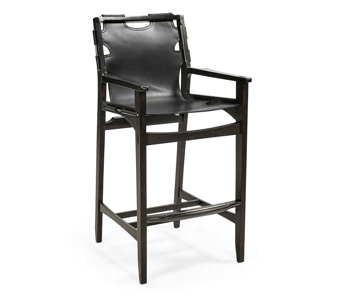 Midcentury Style Slung Black Leather & Black Mocha Oak Bar Stool