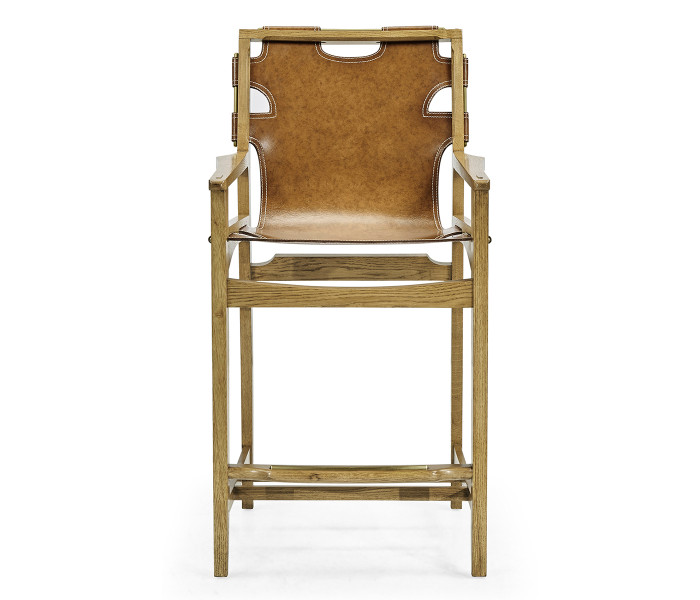 Midcentury Style Slung Medium Antique Chestnut Leather & Light Oak Counter Stool