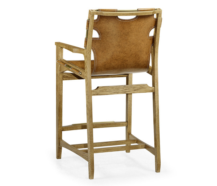 Midcentury Style Slung Medium Antique Chestnut Leather & Light Oak Counter Stool