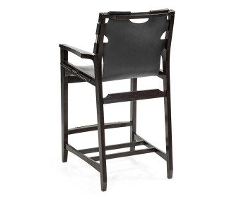 Midcentury Style Slung Black Leather & Black Mocha Oak Counter Stool