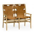 Midcentury Style Slung Leather & Light Oak Two Seat Bench