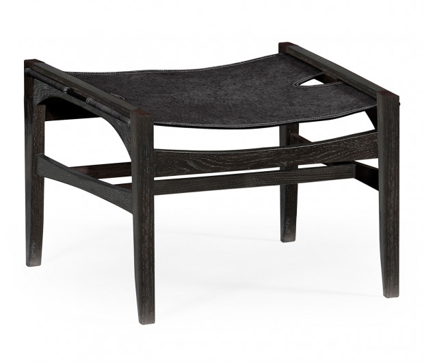 Midcentury Style Slung Black Leather & Black Mocha Oak Stool or Footstool