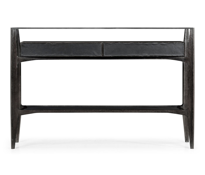 Architects Black Leather & Black Mocha Oak Console Table with Drawers and Glass Top