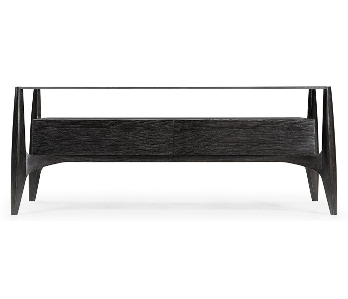 Architects Black Leather & Black Mocha Oak Cocktail Table with Drawers and Glass Top Architects Black Leather & Black Mocha Oak Cocktail Table with Drawers and Glass Top