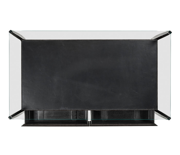 Architects Black Leather & Black Mocha Oak Cocktail Table with Drawers and Glass Top Architects Black Leather & Black Mocha Oak Cocktail Table with Drawers and Glass Top