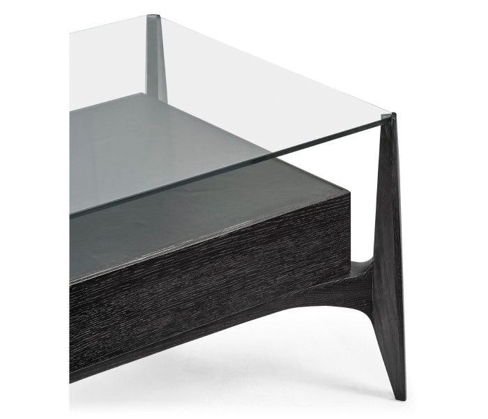 Architects Black Leather & Black Mocha Oak Cocktail Table with Drawers and Glass Top