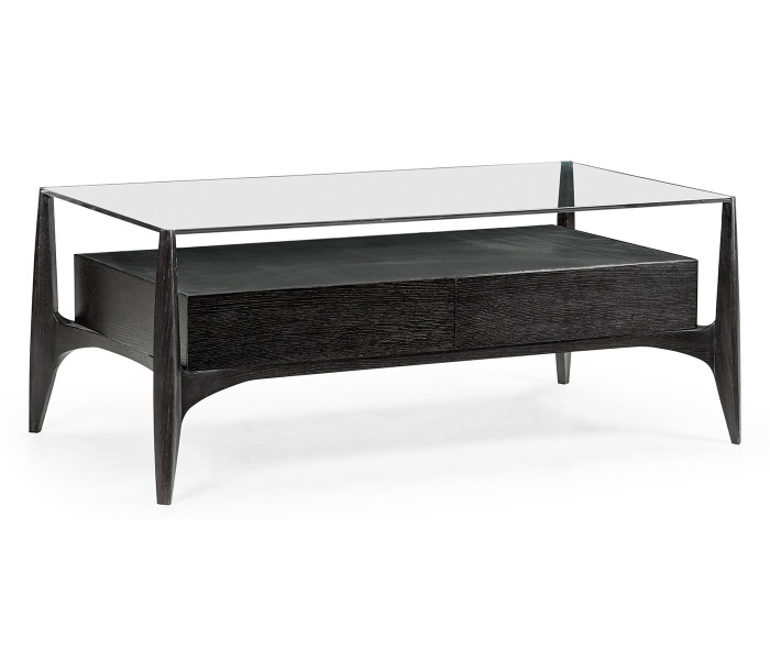 Architects Black Leather & Black Mocha Oak Cocktail Table with Drawers and Glass Top