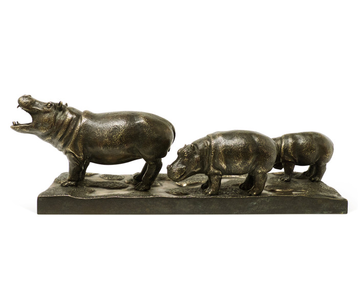 Antique Dark Bronze Hippopotamus Family