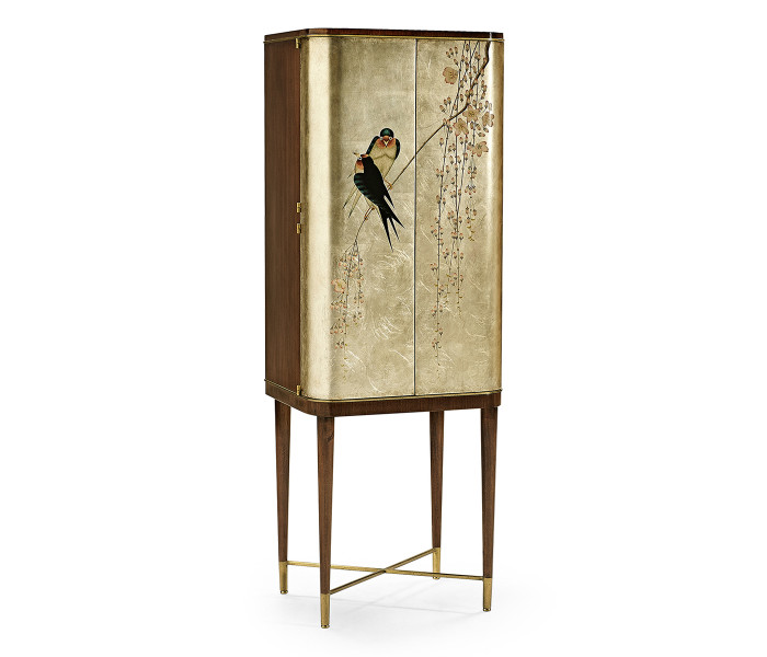 Handpainted Birds on Rich Walnut & Light Gold Foil Drinks Cabinet