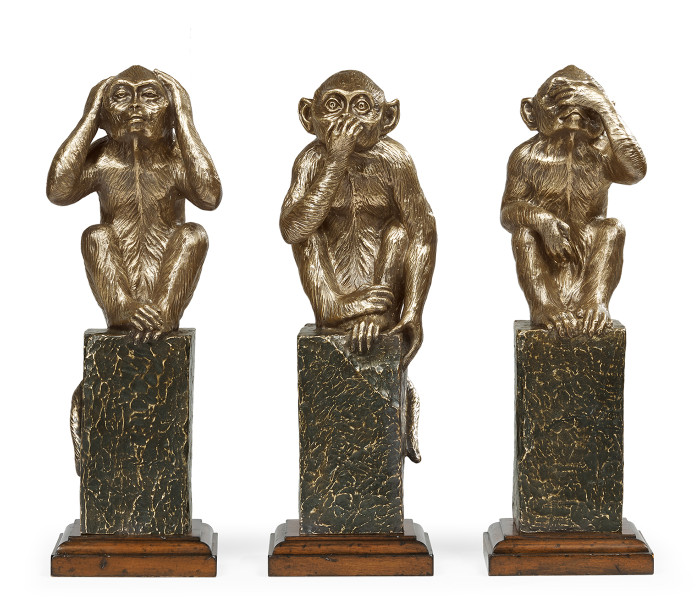 Three Antique Light Brown Brass Wise Monkeys