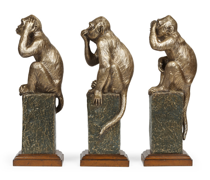 Three Antique Light Brown Brass Wise Monkeys