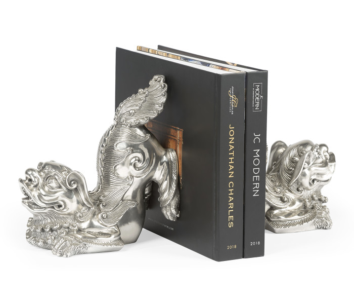 White Stainless Steel Foo Dog Bookends