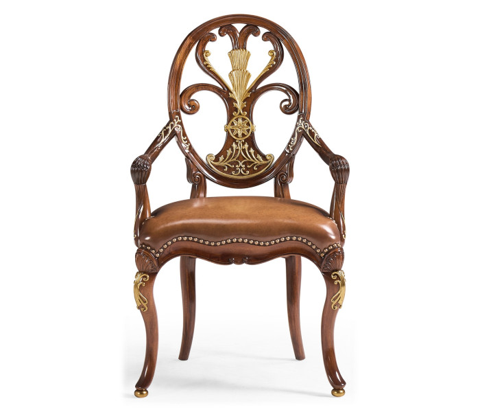 Sheraton Style Burl Walnut Oval Back Arm Chair