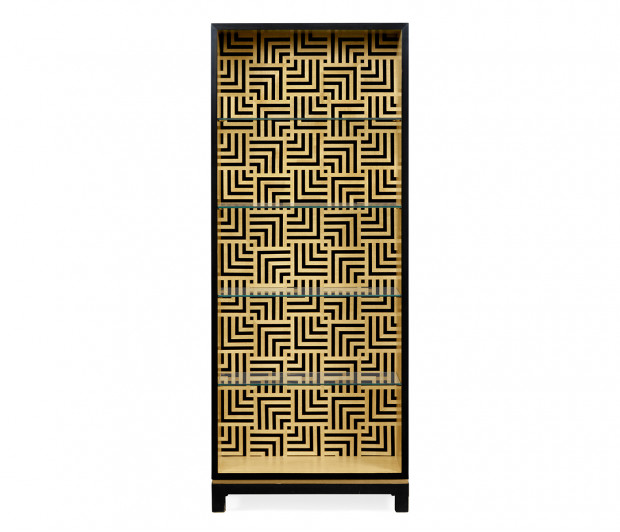 Black Display Cabinet with Interior Geometric Pattern