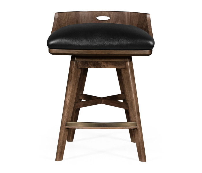 Natural Walnut Counter Stool, Upholstered in Black Leather with swivel