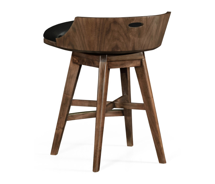 Natural Walnut Counter Stool, Upholstered in Black Leather with swivel
