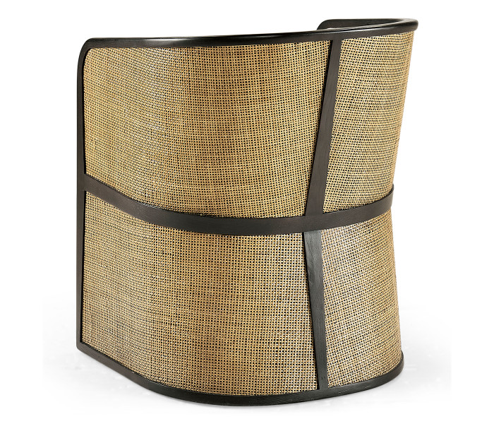 Dark Brown Ash & Woven Rattan Tub Chair, Upholstered in MAZO Dark Brown Ash & Woven Rattan Tub Chair, Upholstered in MAZO
