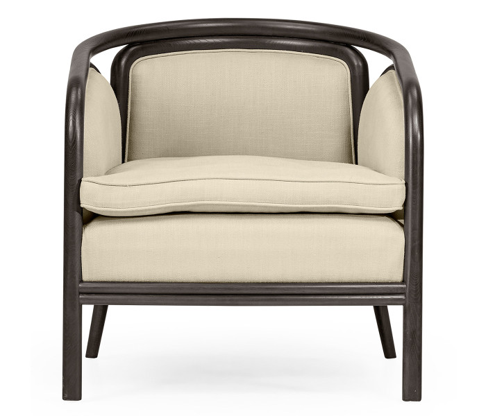 Dark Brown Ash & Woven Rattan Occasional Chair, Upholstered in MAZO Dark Brown Ash & Woven Rattan Occasional Chair, Upholstered in MAZO
