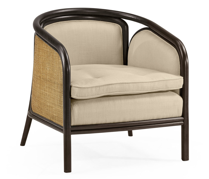 Dark Brown Ash & Woven Rattan Occasional Chair, Upholstered in MAZO