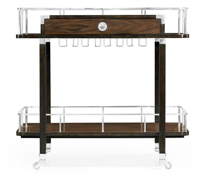 Rectangular Campaign Style Dark Santos Rosewood Rolling Bar Cart with Drawer