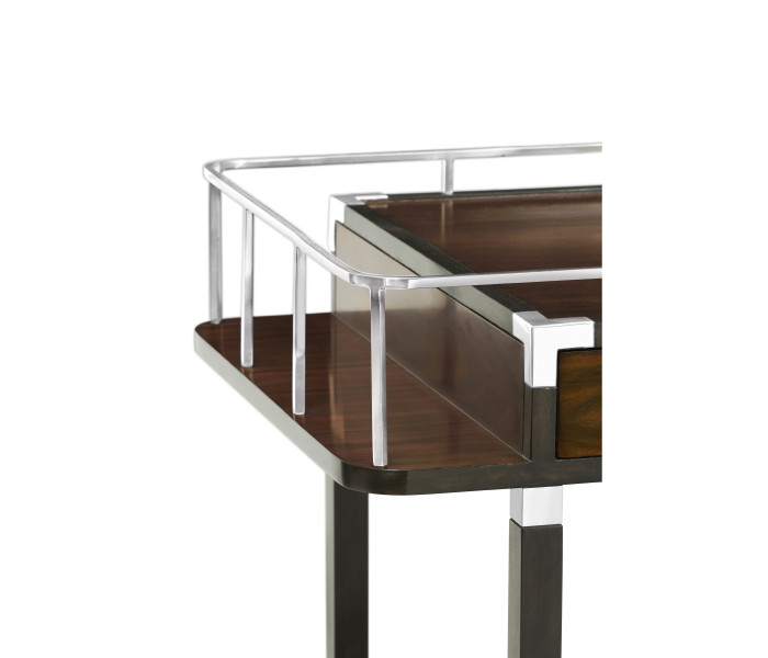 Rectangular Campaign Style Dark Santos Rosewood Rolling Bar Cart with Drawer