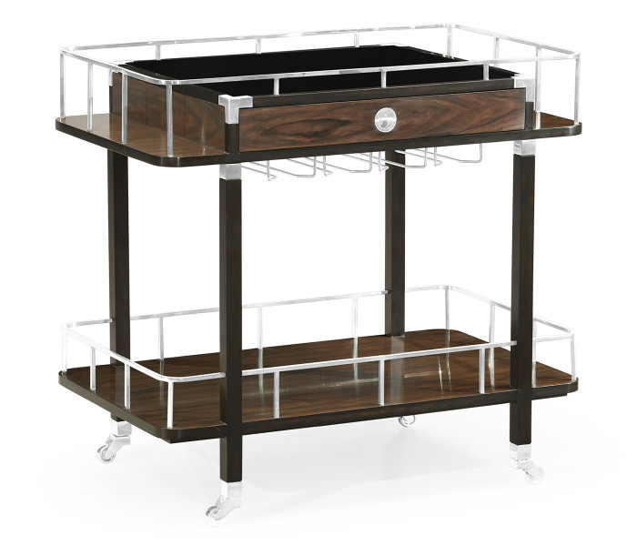Rectangular Campaign Style Dark Santos Rosewood Rolling Bar Cart with Drawer