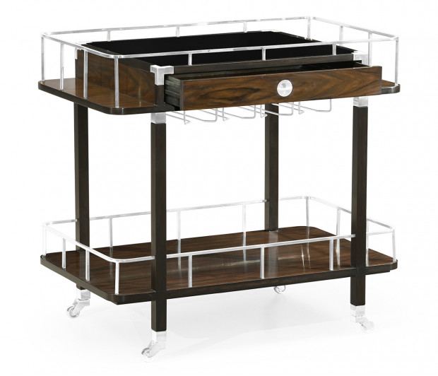 Rectangular Campaign Style Dark Santos Rosewood Rolling Bar Cart with Drawer