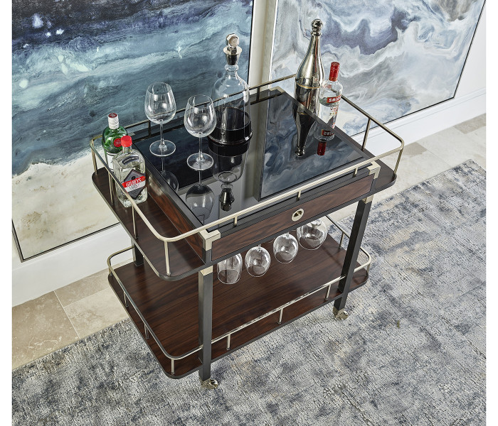 Rectangular Campaign Style Dark Santos Rosewood Rolling Bar Cart with Drawer