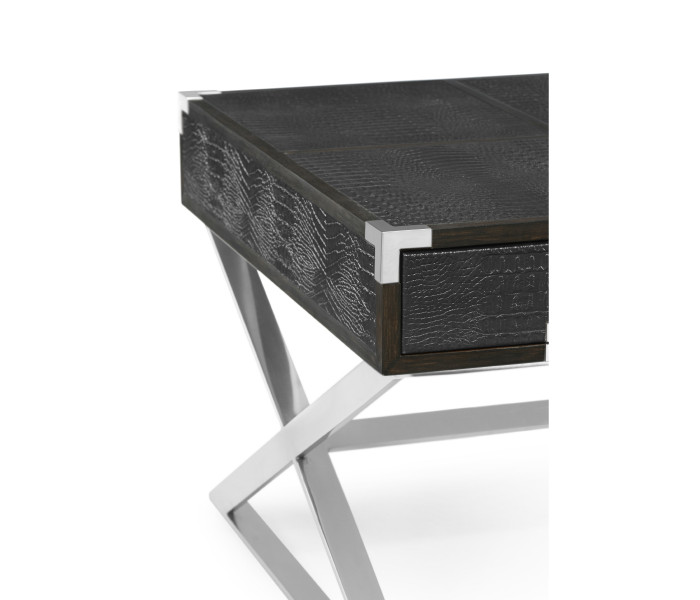 Campaign Style Dark Santos Rosewood & Faux Black Croc Leather Coffee Table with Drawers Campaign Style Dark Santos Rosewood & Faux Black Croc Leather Coffee Table with Drawers