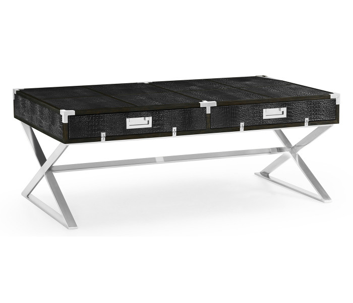 Campaign Style Dark Santos Rosewood & Faux Black Croc Leather Coffee Table with Drawers