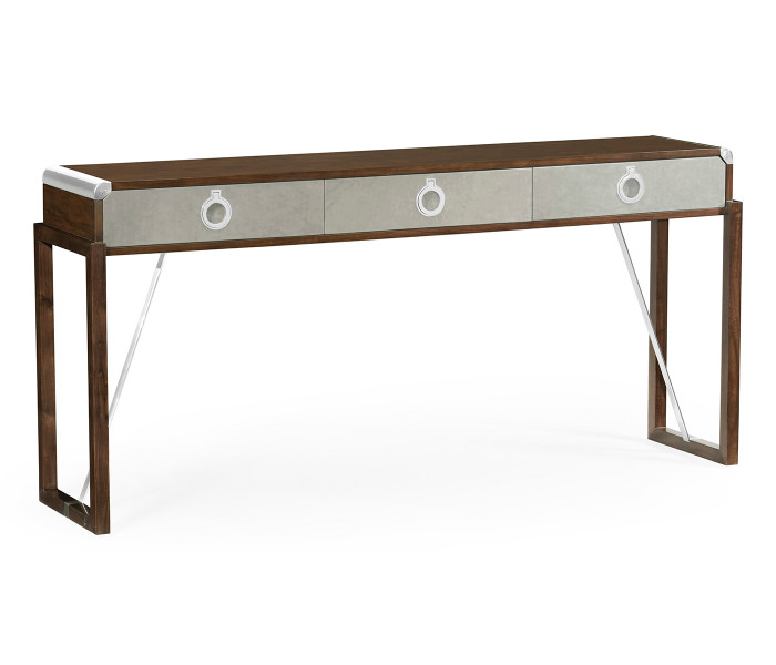 Campaign Style Dark Santos Rosewood & Grey Leather Console Table with Drawers