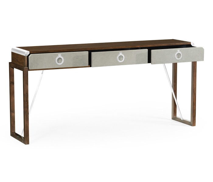 Campaign Style Dark Santos Rosewood & Grey Leather Console Table with Drawers