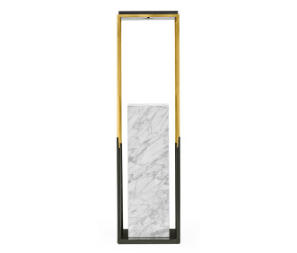 Contemporary Square Ebonised Oak & Brass Pedestal With White Calcutta Marble Centre