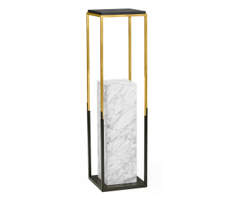 Contemporary Square Ebonised Oak & Brass Pedestal With White Calcutta Marble Centre