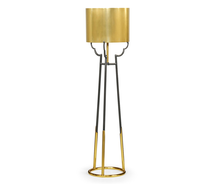Contemporary Antique Satin Gold Brass & Black Stainless Steel Floor Lamp