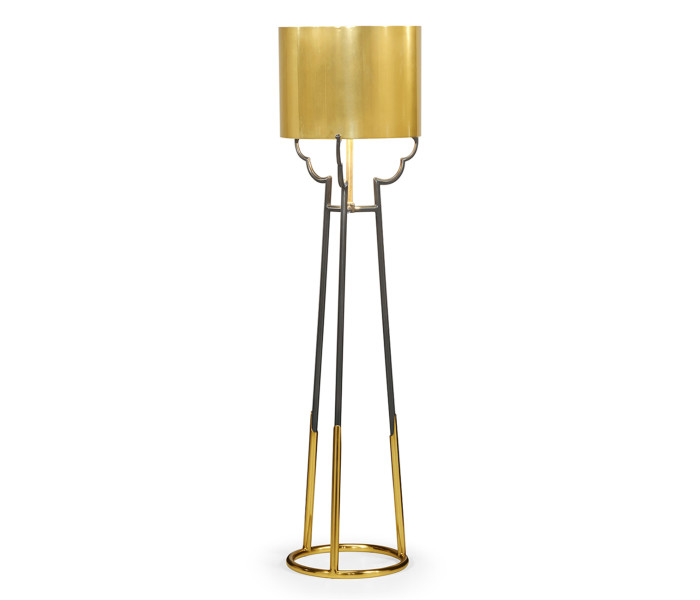 Contemporary Antique Satin Gold Brass & Black Stainless Steel Floor Lamp