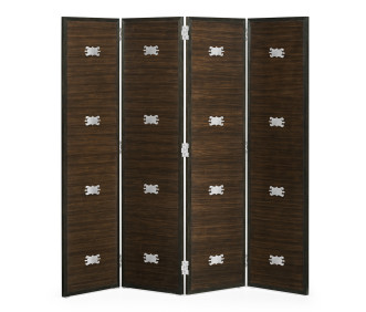 Campaign Style Dark Santos Rosewood Screen, Upholstered In Com