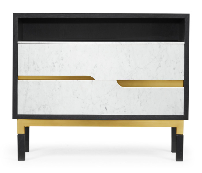 Contemporary Ebonised Oak & White Calcutta Marble Bedside Chest of Drawers