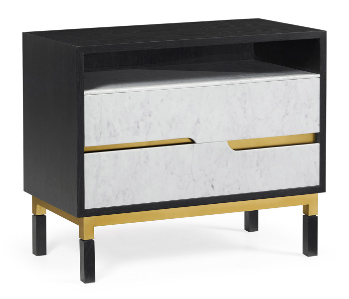 Contemporary Ebonised Oak & White Calcutta Marble Bedside Chest of Drawers