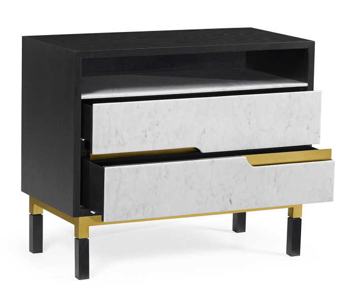 Contemporary Ebonised Oak & White Calcutta Marble Bedside Chest of Drawers