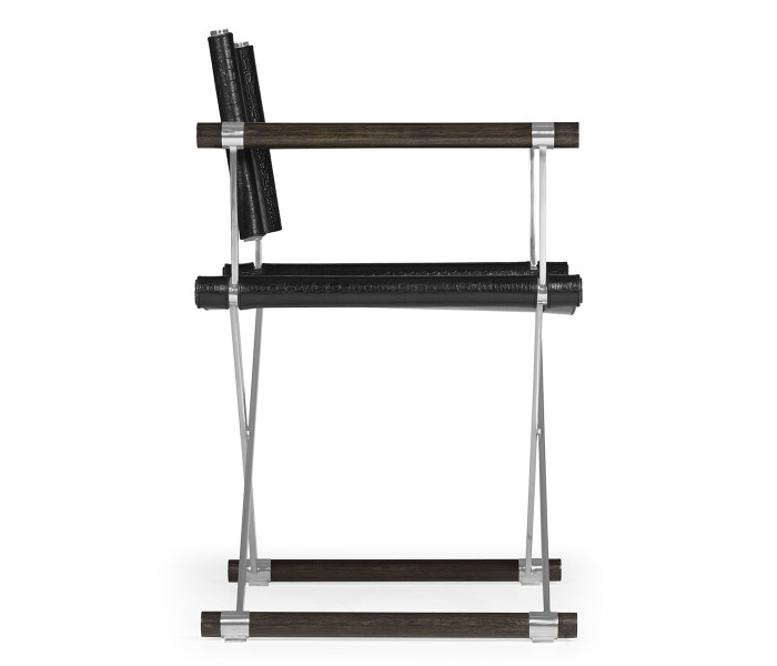 Campaign Style Dark Santos Rosewood Directors Chair, Upholstered in Faux Black Croc Leather Campaign Style Dark Santos Rosewood Directors Chair, Upholstered in Faux Black Croc Leather