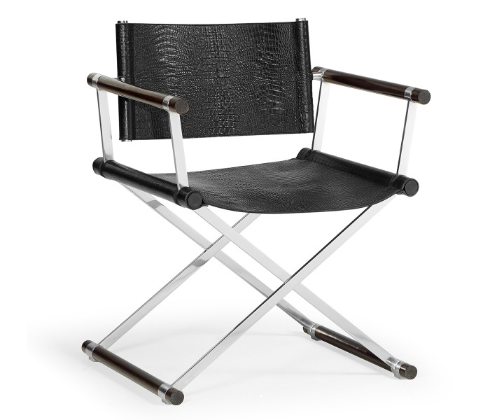 Campaign Style Dark Santos Rosewood Directors Chair, Upholstered in Faux Black Croc Leather Campaign Style Dark Santos Rosewood Directors Chair, Upholstered in Faux Black Croc Leather