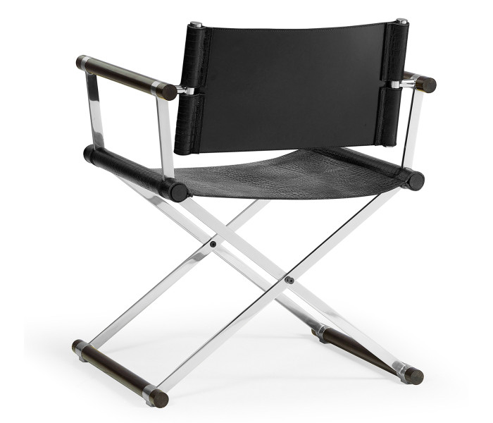 Campaign Style Dark Santos Rosewood Directors Chair, Upholstered in Faux Black Croc Leather Campaign Style Dark Santos Rosewood Directors Chair, Upholstered in Faux Black Croc Leather